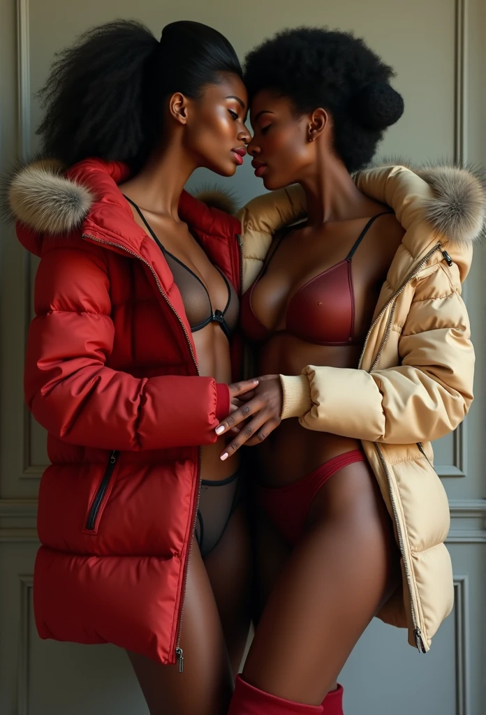 2 beautiful African women, wearing ((silk puffer coats, fur hoods), silk bras), ((touching each other's coats and bras)), smiling, seductive, large breasts, silk panties, hugging, lipstick, gloves, boots