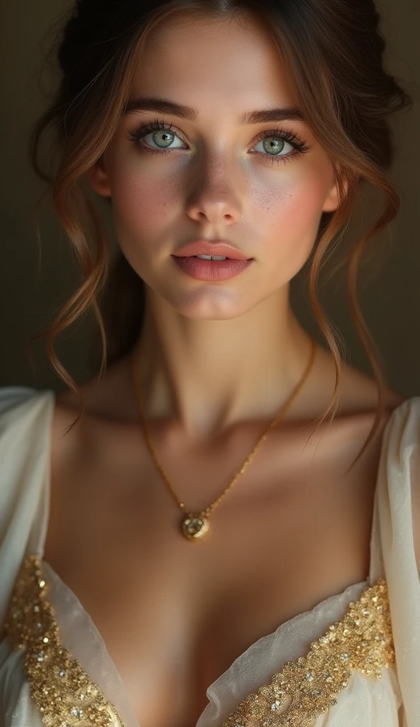 lovely princess woman, 18yo, charming, unique, individual, distinctive face, sexy, mysterious, touching, innocent, peaceful, soothing, cleavage, radiant, elegant, noble, gold, jewels, youth, irreplaceable