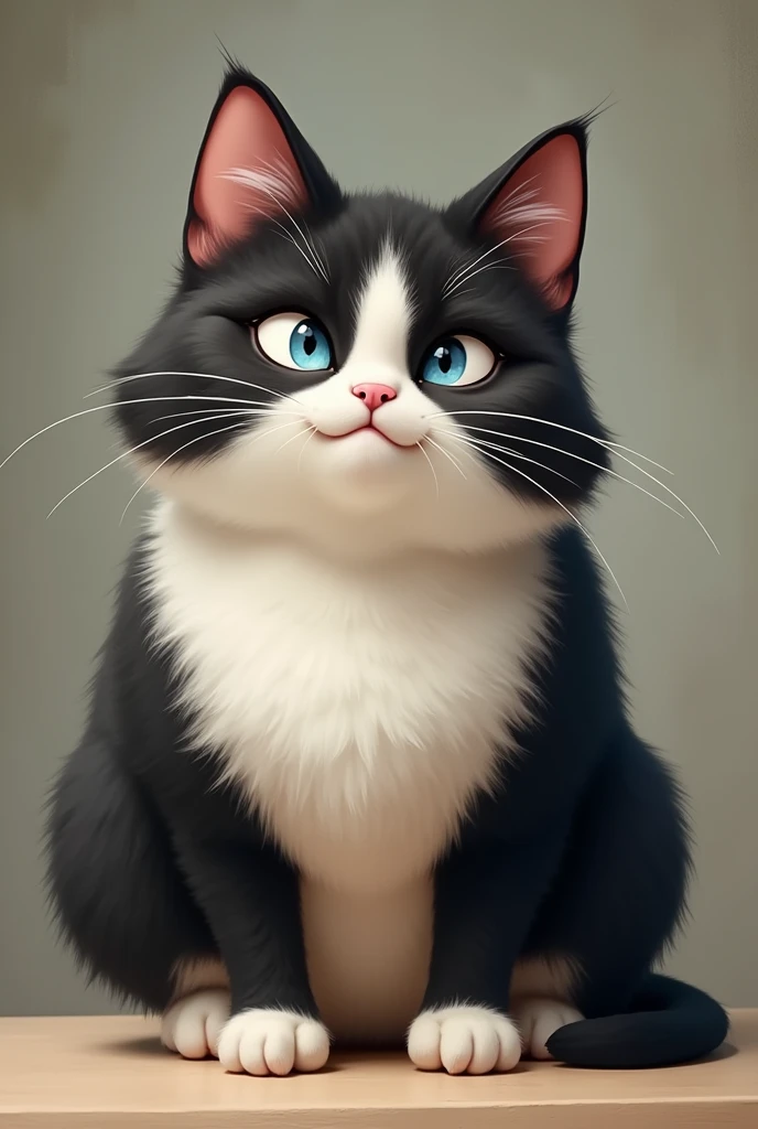 Smart  cat with  tricky  eye, fat body and white  and black fur 
