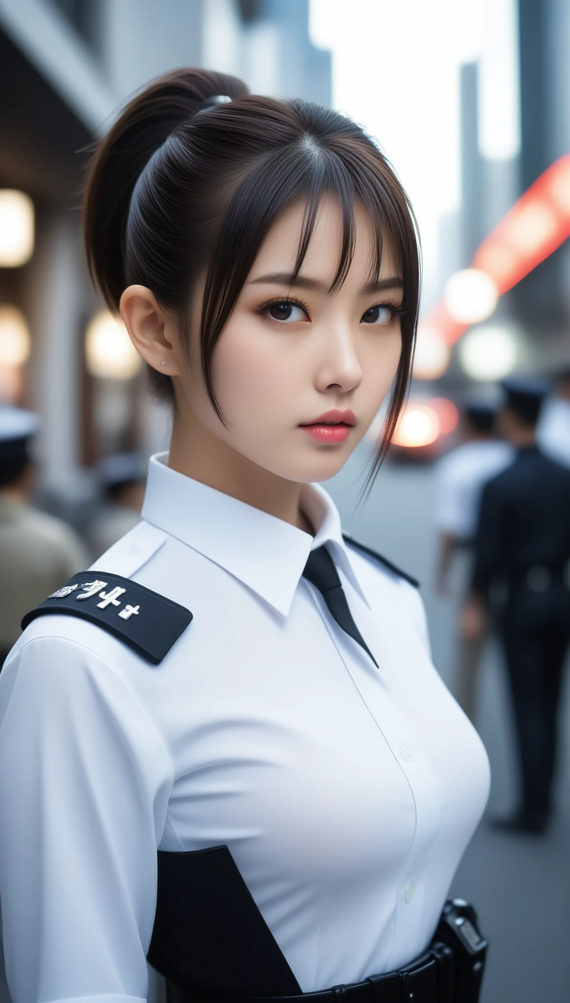8k, Ultra-high resolution, Highest quality, masterpiece, 三分割法によるphotograph,Surreal, photograph, 1 , (:1.3), cute, cute顔, 細部までBeautiful Eyes, 細かくdetailedに,masterpiece,One Girl:1.2,Japanese women,Policewoman,upper body,glaring,Black short hair,High ponytail,ID photo,(Police officer of the future:1.3),cyber punk,Future City,white collar,((Fusion of humans and androids))(Beautiful attention to detail),Subtle details, detailedな顔,anger,Attractive eyes,(ポートレートphotograph:1.4),(Photorealistic images:1.4),Fantasy art,(Beautiful Face:1.4),美しくAttractive eyes、Beautiful Eyes,Silver residue,(Tight waist:1.4)、(Beautiful with perfect body proportions:1.4),Pink Lips,profile,(((Ideal body type))),A-cup small breasts :2,、Portraiture:2、Perfect Anatomy、鮮明なdetailed、detailed,Fashion magazine cover,Thin lips,完璧でBeautiful Face ,完璧でcute顔, Skin with attention to detail, Perfect limbs、Narrow waist,Surreal,Light and shadow,spotlight