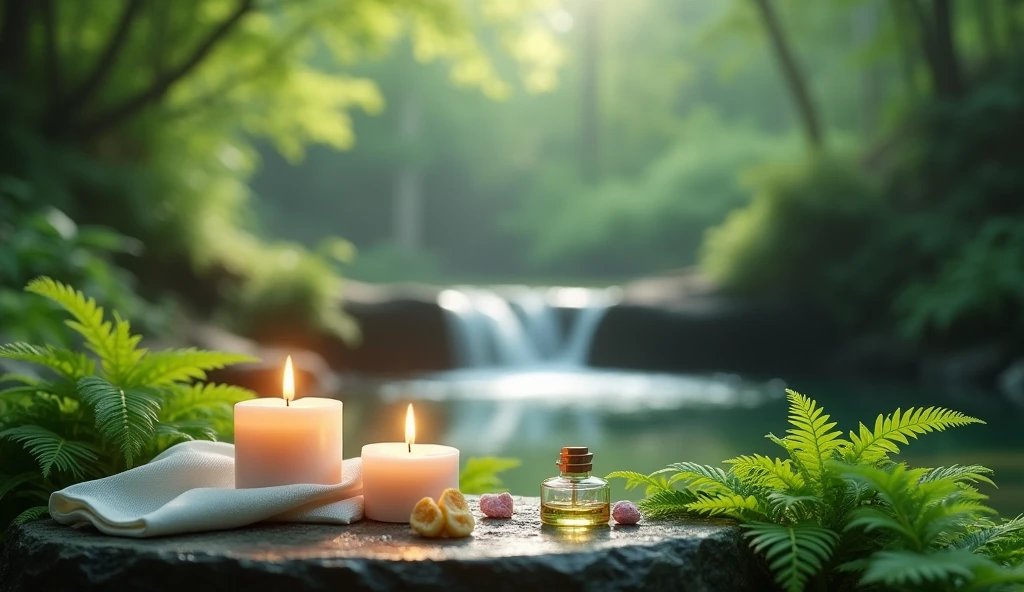 A minimalist Japanese style scene,There is a gurgling stream.Stone platform covered with ferns located deep in the tranquil forest bokeh background、Light two scented candles,Rose、White silk scarf、SPA energy crystals of various colors、Exquisite transparent SPA essential oil in glass bottle,Create a fresh、Bright、Relaxing and comfortable atmosphere,Evoking a sense of tranquility and simplicity。A peaceful aura or meditative state has a warm and pure atmosphere