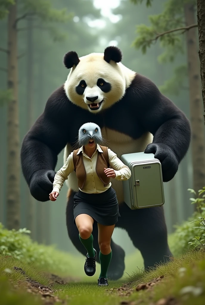 ((Highest quality)), ((Pigeon-headed woman)), (Angry Giant Panda), (Giant panda holding a refrigerator in both hands), Giant panda holding a refrigerator in both handsが後ろから追いかけてくる, A woman with a grey pigeon head is running as fast as she can to escape a giant panda, A grey pigeon-headed woman is wearing an off-white collared short-sleeved shirt, a light brown vest, a knee-length black skirt, dark green socks and black shoes., Muscular grey pigeon-headed woman, The background is a grassy forest, Photorealistic images,