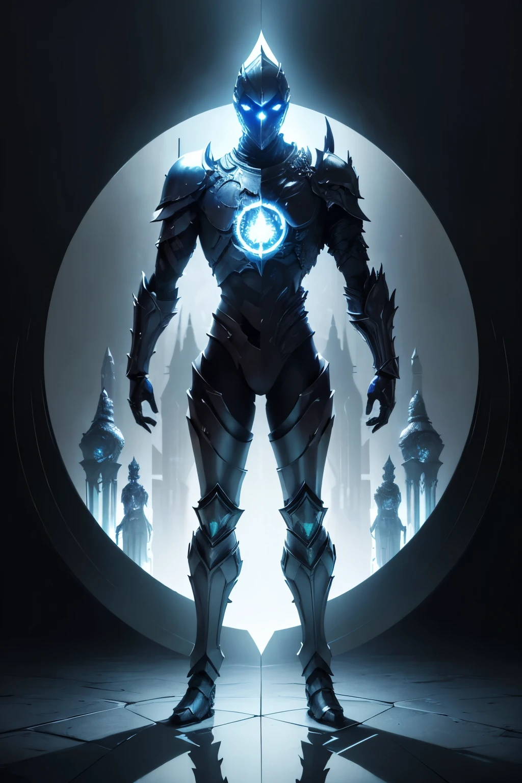A humanoid character, Dark Souls armor made of mirrors or glass, Shadow Spirit, full body detailed from head to toe, full body view, character is looking at the viewer, ((T-pose)), (((view of the distant character to see him completely))), ((((Character centered and symmetrical in the image))))