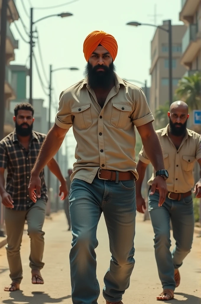 A sikh 2 dressed casually wearing turban beating four indian gangsters brutally on Indian Empty Street