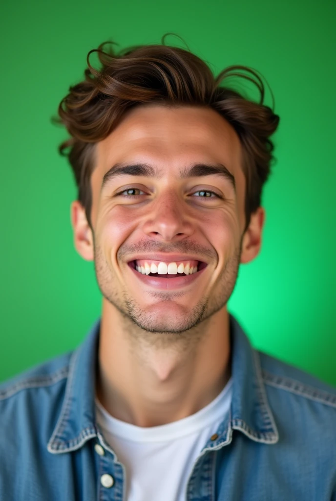 young man with brown hair smiling in front of a green screen


