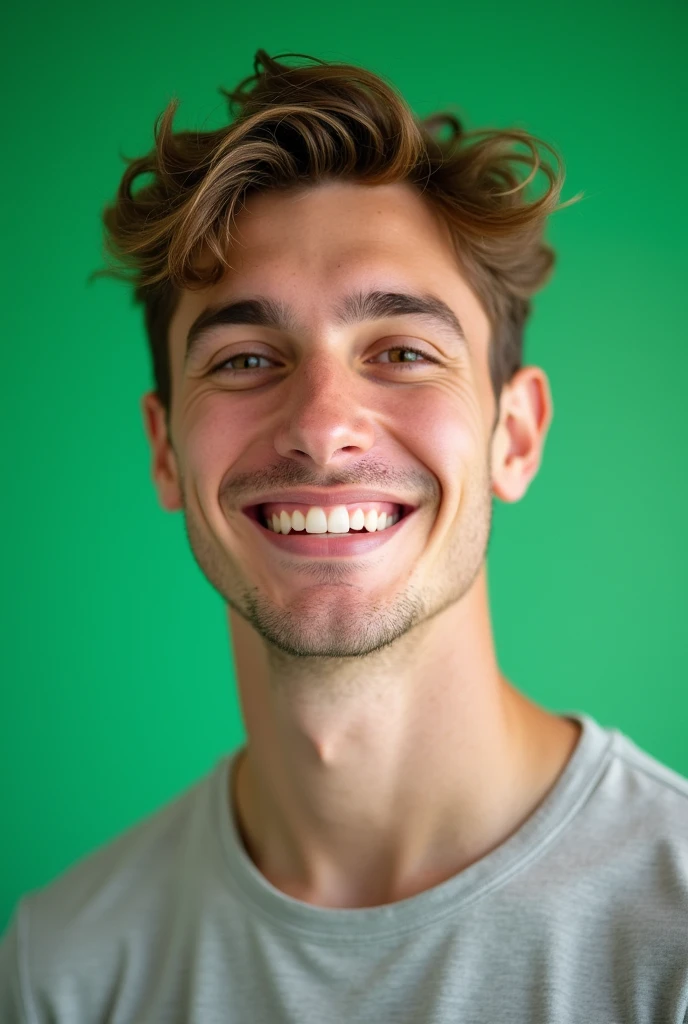 young man with brown hair smiling in front of a green screen