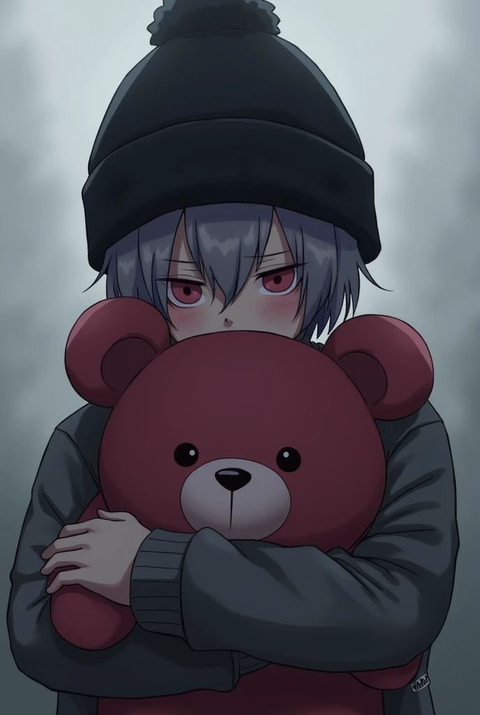 person holding cranberry color bear, feels numb, person hair is short and has tye dye hair, black beanie on head