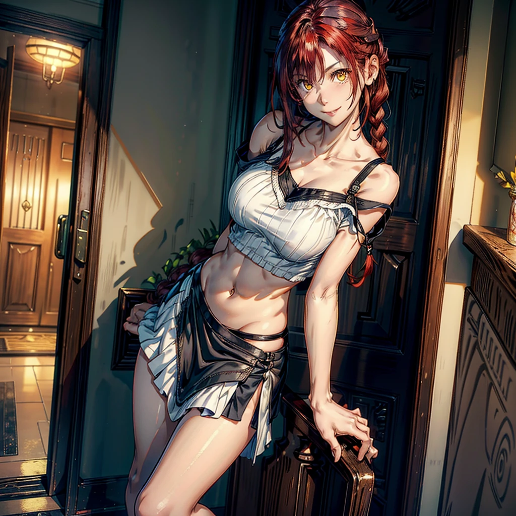 women, natural redhead, by the wide, 2 braids, Whole body, standing, short black skirt, White off-the-shoulder shirt, yellow eyes, chest a little big, Leaning on the entrance of a door, View up, flirtatious smile, mischievous smile.