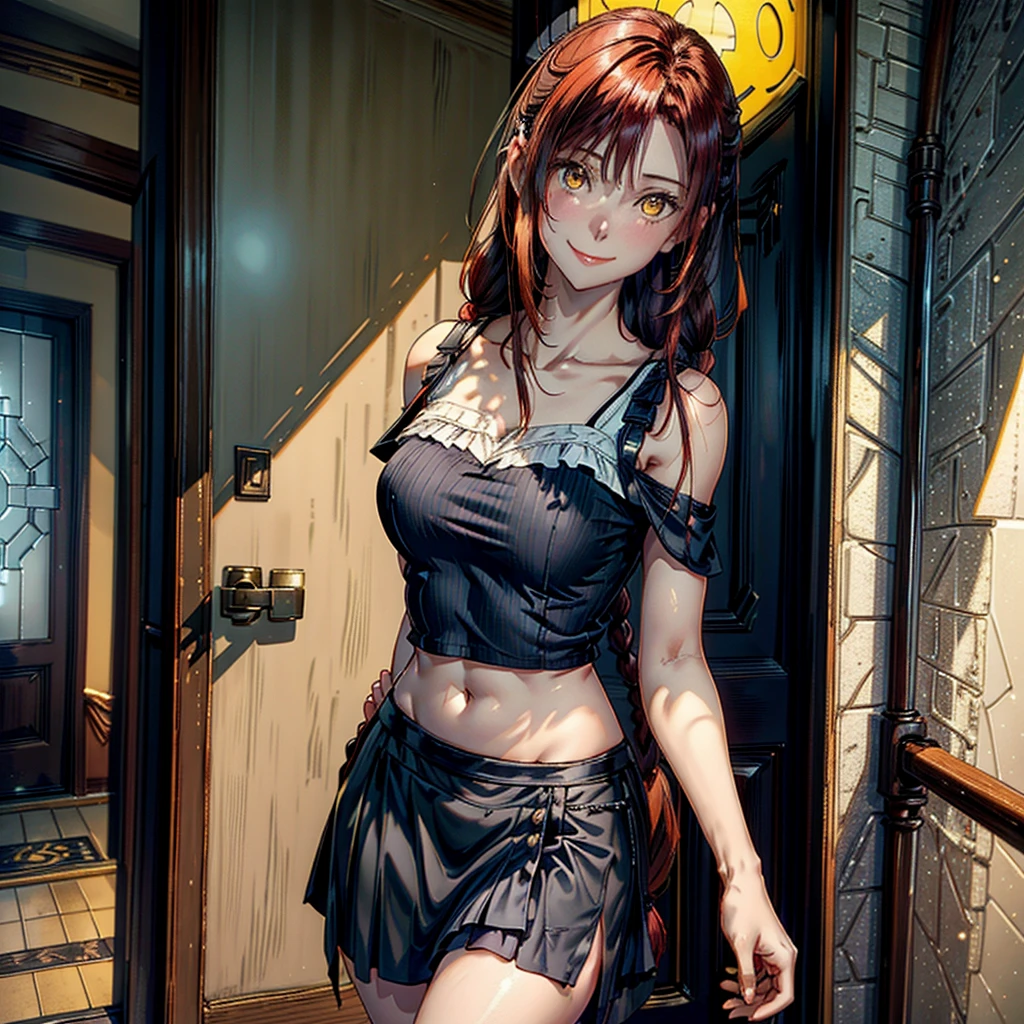 women, natural redhead, by the wide, 2 braids, Whole body, standing, short black skirt, White off-the-shoulder shirt, yellow eyes, chest a little big, Leaning on the entrance of a door, View up, flirtatious smile, mischievous smile.