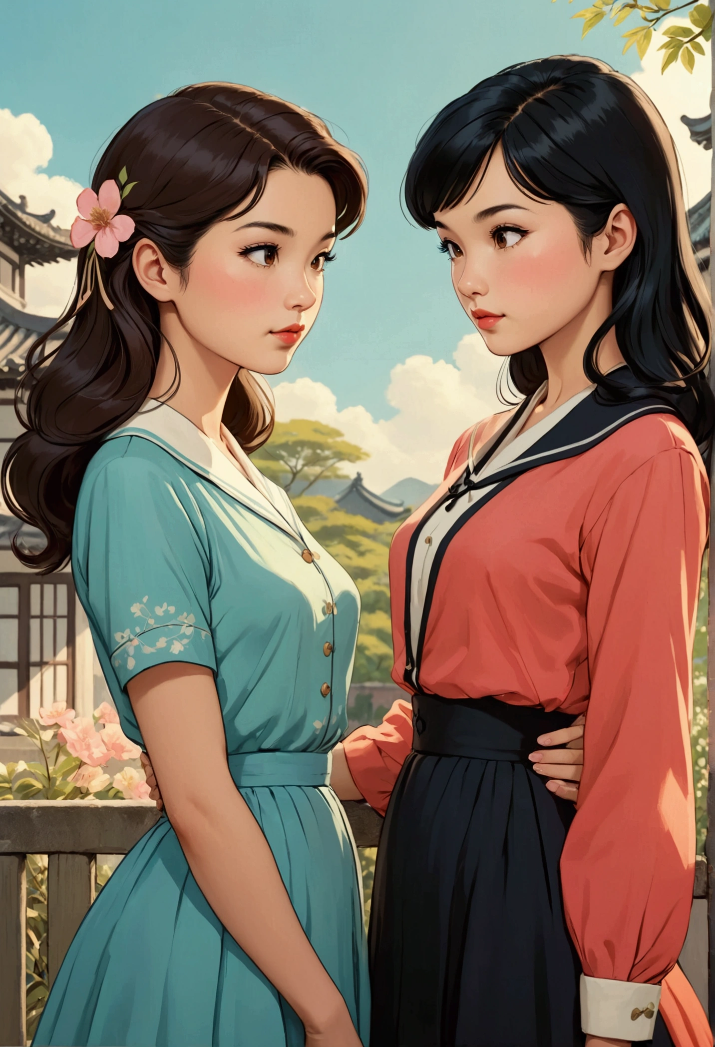 Two beautiful women in love, in a tender attitude towards each other, Sarah Kay style, one British, with semi-short light brown hair, and the other woman with delicate Asian features, with long black hair, both dressed in a 50s style.