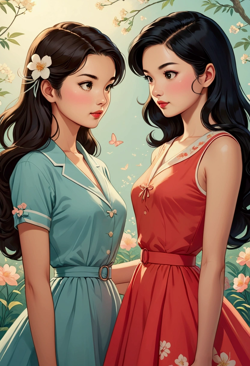 Two beautiful women in love, in a tender attitude towards each other, Sarah Kay style, one British, with semi-short light brown hair, and the other woman with delicate Asian features, with long black hair, both dressed in a 50s style.