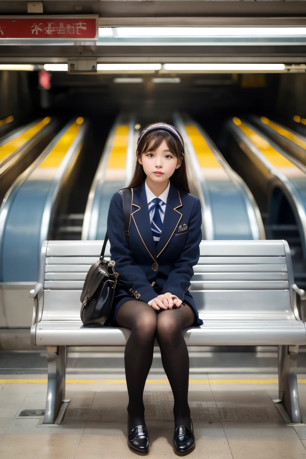 ((Highest quality)), ((masterpiece)), (Familiar),  A high school girl sitting on a bench at a station on her way to school、Ignoring the audience、Navy Blazer、mini skirt、(Ultra-realistic pantyhose:1.3)、Voyeur、(Shooting from directly below)、Focus on legs wearing pantyhose、Station Escalator、