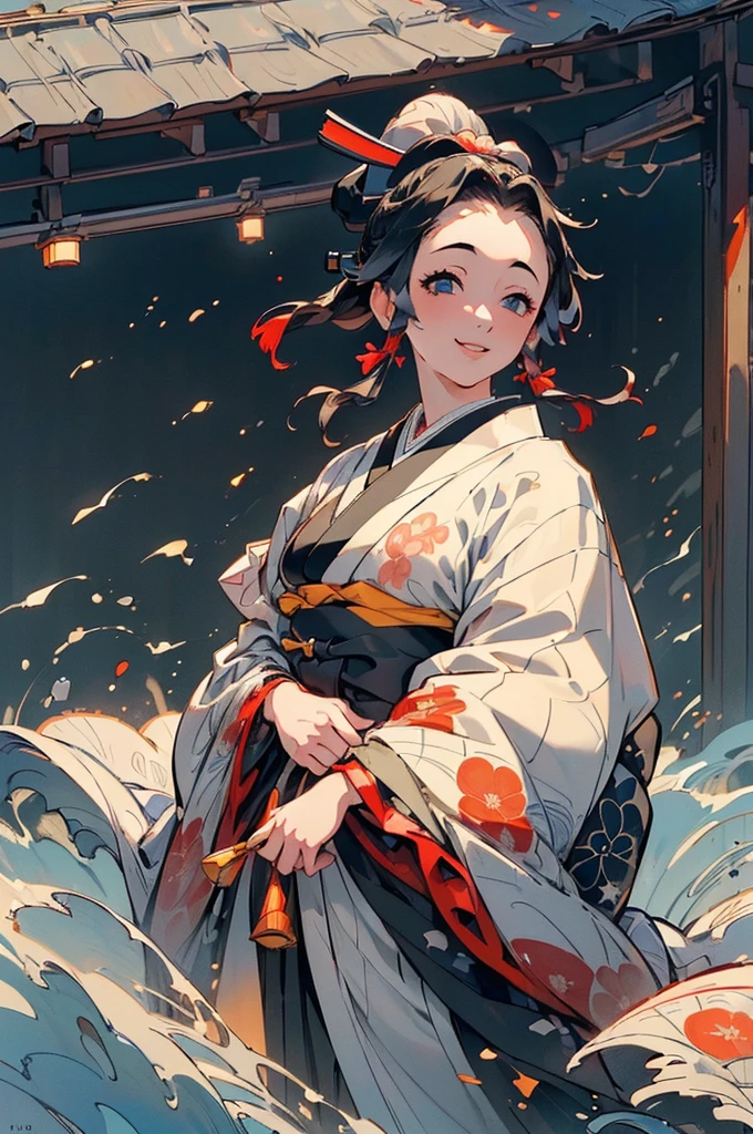 ((((High resolution, Intricate details, masterpiece, 8k, from front)))), (((beautiful, kimono, Ukiyo-e))), ((One Woman, smile, Red cheeks, slender)), (Black Hair, Beautiful forehead, Long Hair, ponytail, Big ribbon, Glowing Skin), from front, looking at viewer, look at viewer,