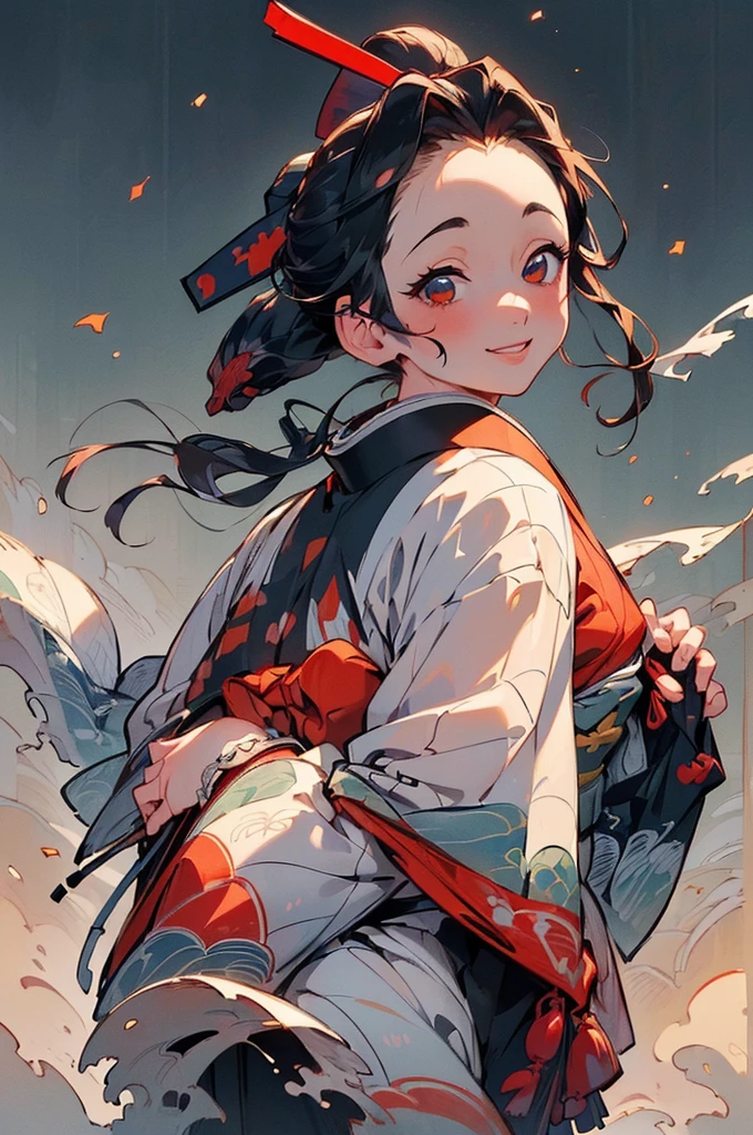 ((((High resolution, Intricate details, masterpiece, 8k, from front)))), (((beautiful, kimono, Ukiyo-e))), ((One Woman, smile, Red cheeks, slender)), (Black Hair, Beautiful forehead, Long Hair, ponytail, Big ribbon, Glowing Skin), from front, looking at viewer, look at viewer,