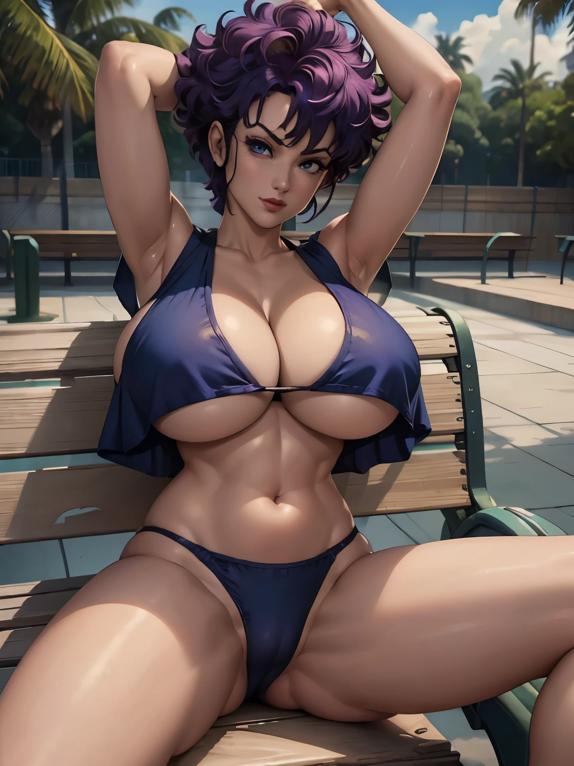 (highest quality:1.2, masterpiece:1.2), 1 girl, solo, (ultra realistic portrait of Lan fan, dbz), (purple hair color:1.5, curly perm:1.5, top up short hair:1.3, blue eyes, single charming mole around mouth), ((under ultra huge boob crop top shirt)), sandals, (((ultra huge breasts, ultra huge tits, ultra huge boob, ultra huge cleavage))), ultra slim waist, perfect slim body style, ultra realistic skin texture, ultra detailed skin texture, perfect eyes, ultra detailed eyes, (Tenkaichibudoukai, outdoor, battle stadium, stone stage, square stage, roof in behind, entrance space between red short wall in back, audience box seats in battle stadium, palm trees), (nsfw:1.1), (sitting on wooden bench, spreading legs to viewer:1.5), zoom up, close up, put your hands up, visible ultra detailed shaved armpits, exposed ultra realistic shaved armpits, disclosed ultra realistic shaved underarms, showing ultra detailed shaved underarms, evil smile,