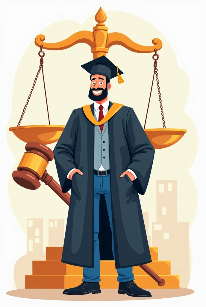 A man wearing his full of graduation gown Takes up the half of the design area, next to her are the big scales of justice and the hammer, a large two-dimensional drawing.cartoon drawing more details