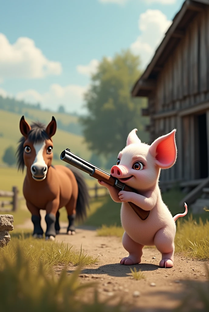 Piglet with shotgun shooting a pony