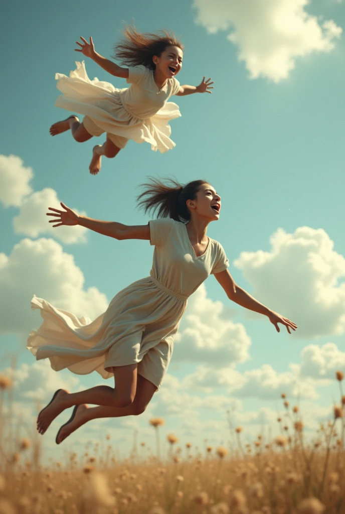 Mother running very fast to catch her daughter who flew away , will fall to the ground