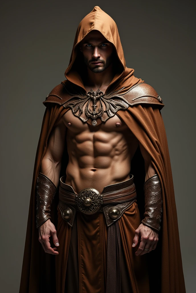 Handsome from Kazakhstan. The color of the hero's suit is brown. He is dressed without a shirt., but there is something like a cloak and a hood, but make it a hero costume. The cloak and hood are luxurious. Brown reverse logo on her hero costume