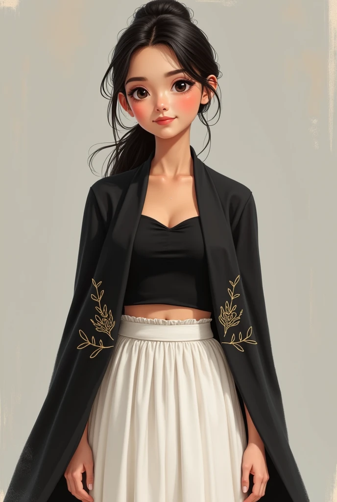 girl, wears filipino clothing, white skirt, BLACK shawl or scarf worn over both the shoulders(not too long) has design, with black sleeveless top inside, not sexy, filipiñana