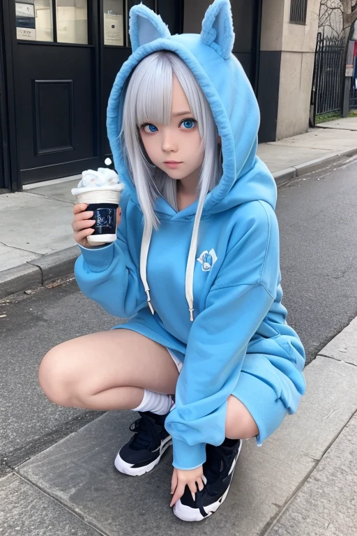 Silver Hair, Anime Girl, Large hoodie, Knee-high, Stuffed rabbit, blue eyes