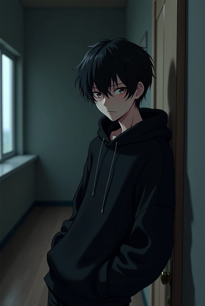 (photorealism:1.2), handsome anime guy, thin almond shaped eyes, wearing a black hoodie and black long pants, sitting at the back of the class, staring at viewer while leaning against the door, black messy long hair (his hairs almost covering his eyes), wolf cut hairstyle, yandere vibe,in the dark room, anime photo, close up