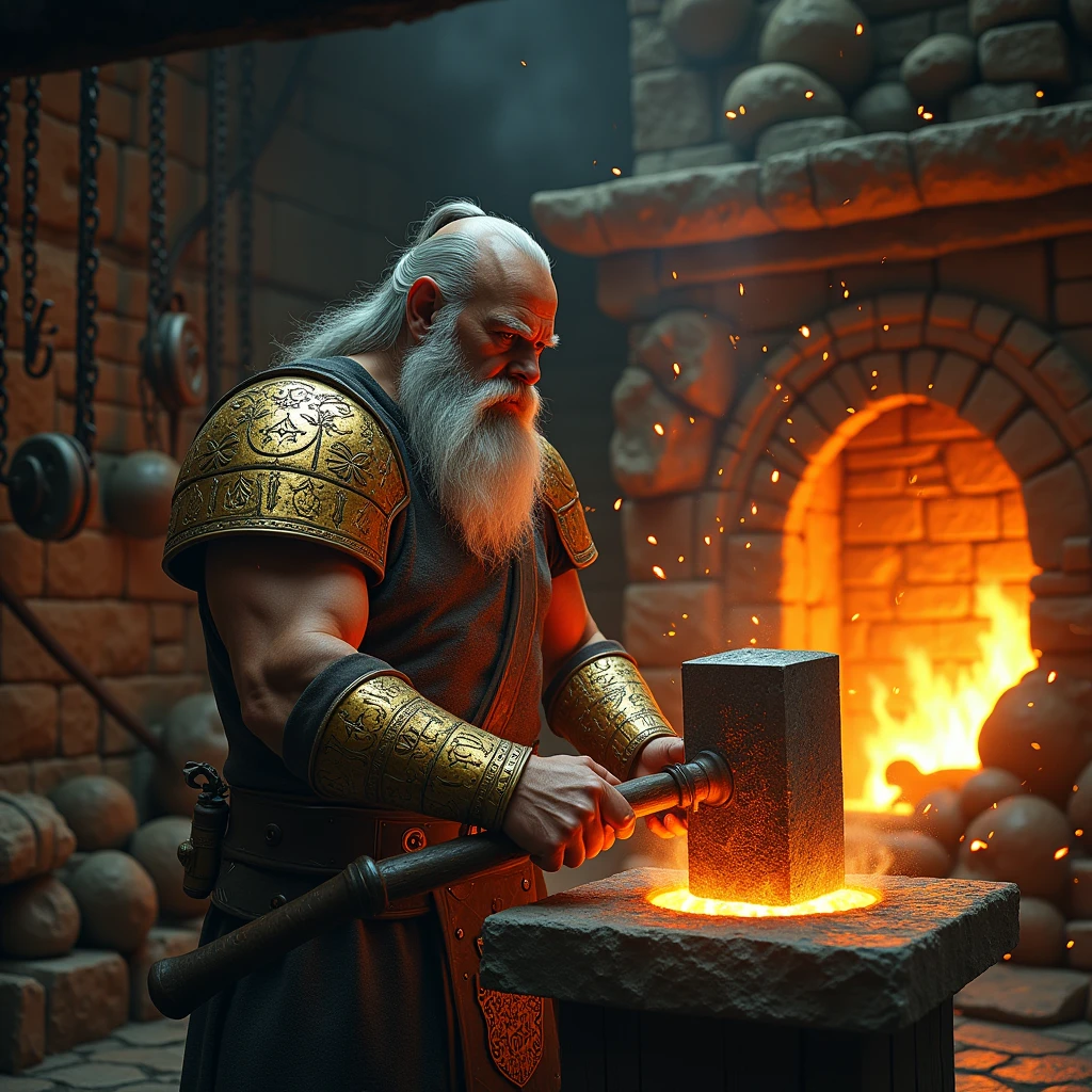 In a grand and ancient forge, illuminated by the flickering glow of molten metal, a powerful dwarven blacksmith with a flowing silver beard stands with fierce determination. His muscular arms, adorned with intricate golden bracers, grip a massive, rune-inscribed hammer, ready to strike. His brow is furrowed in concentration, and his eyes, full of wisdom and resolve, focus intently on the red-hot metal resting on an anvil before him. Sparks fly in all directions, casting a dance of light and shadow across the ornate, gold-embroidered armor that he wears. The setting is a magnificent blacksmith's workshop, with towering stone walls lined with ancient tools, a roaring furnace at the back emitting a warm, orange glow, and the air thick with the sound of metal being shaped by an expert hand. Chains and weights hang from the ceiling, their shadows casting an intricate pattern on the stone floor. The atmosphere is charged with the heat of the forge and the sheer force of craftsmanship, evoking a sense of timeless power and artistry. Intricate details, natural soft lighting, 16k, depth of field, sharp focus, Deep Focus, f/22, Cinematic film still, Arri Alexa 35, film grain, color graded, post-processed, cinematic lighting, 35mm film, best quality.