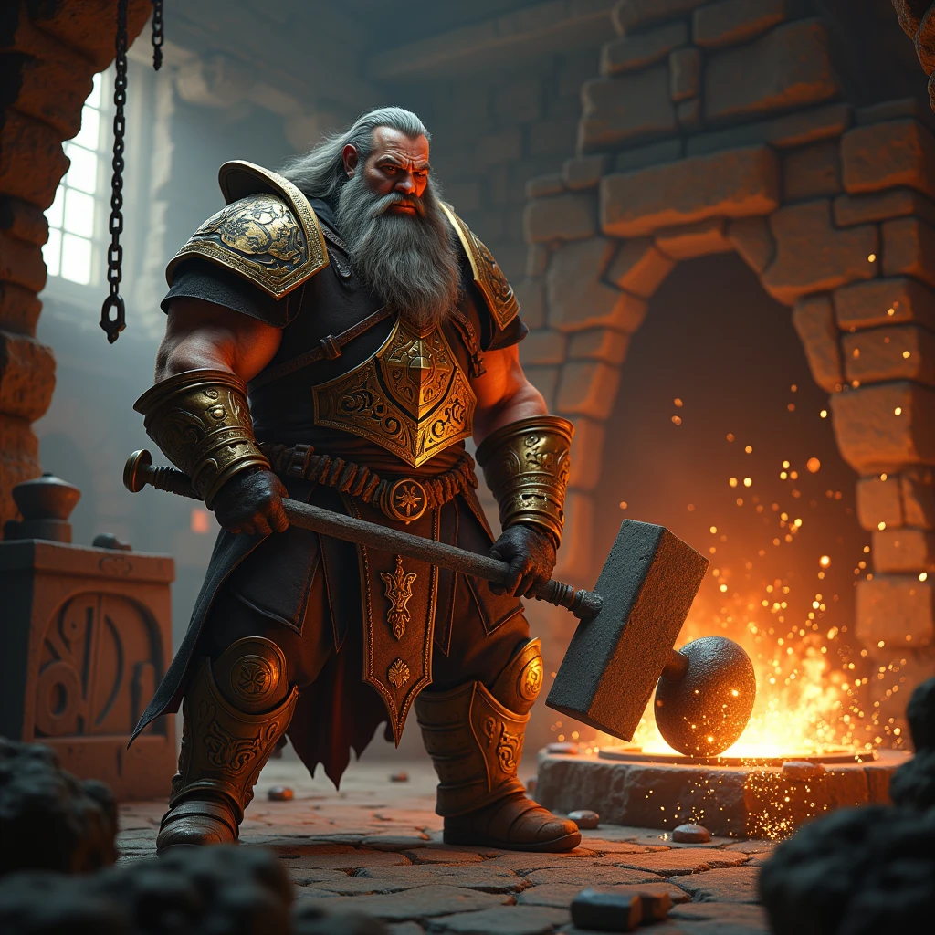 In a grand and ancient forge, illuminated by the flickering glow of molten metal, a powerful dwarven blacksmith with a flowing silver beard stands with fierce determination. His muscular arms, adorned with intricate golden bracers, grip a massive, rune-inscribed hammer, ready to strike. His brow is furrowed in concentration, and his eyes, full of wisdom and resolve, focus intently on the red-hot metal resting on an anvil before him. Sparks fly in all directions, casting a dance of light and shadow across the ornate, gold-embroidered armor that he wears. The setting is a magnificent blacksmith's workshop, with towering stone walls lined with ancient tools, a roaring furnace at the back emitting a warm, orange glow, and the air thick with the sound of metal being shaped by an expert hand. Chains and weights hang from the ceiling, their shadows casting an intricate pattern on the stone floor. The atmosphere is charged with the heat of the forge and the sheer force of craftsmanship, evoking a sense of timeless power and artistry. Intricate details, natural soft lighting, 16k, depth of field, sharp focus, Deep Focus, f/22, Cinematic film still, Arri Alexa 35, film grain, color graded, post-processed, cinematic lighting, 35mm film, best quality.