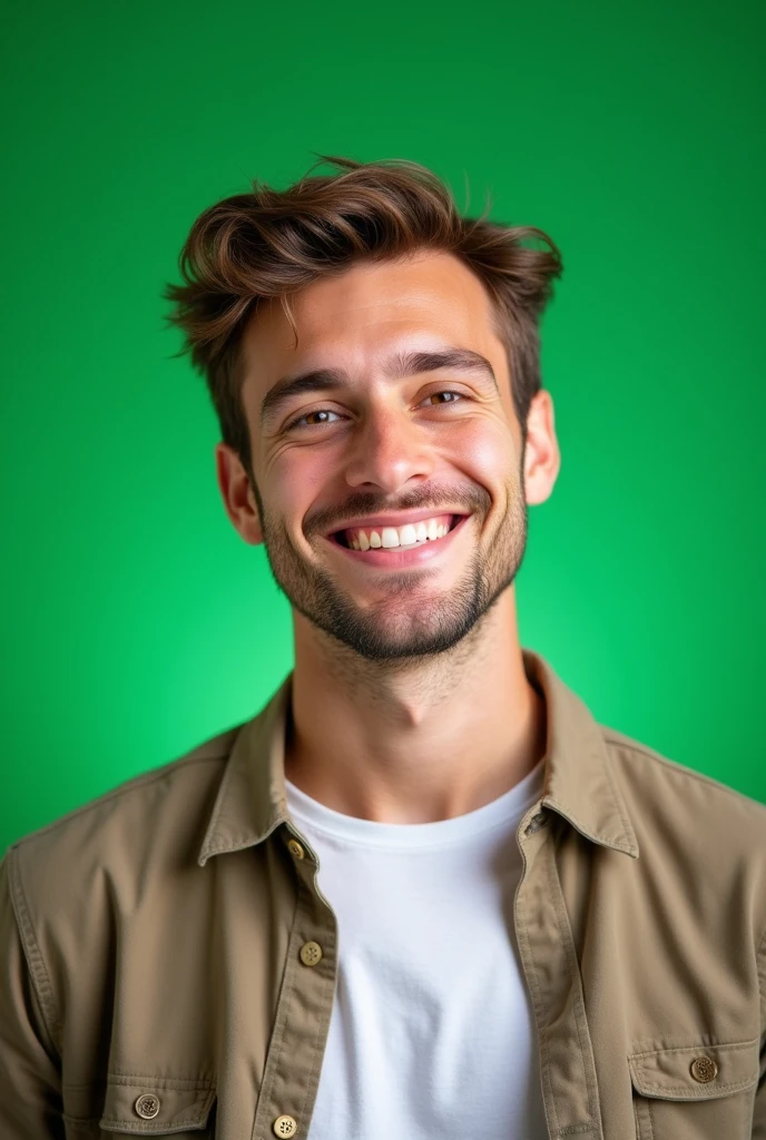 young man with brown hair smiling in front of a green screen

