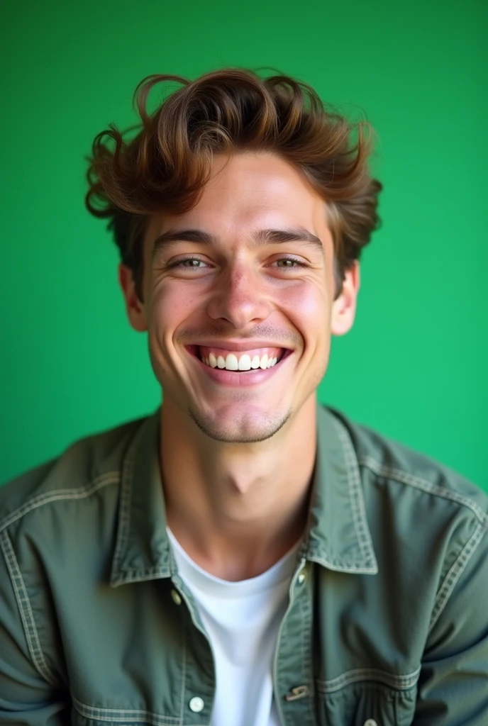 young man with brown hair smiling in front of a green screen