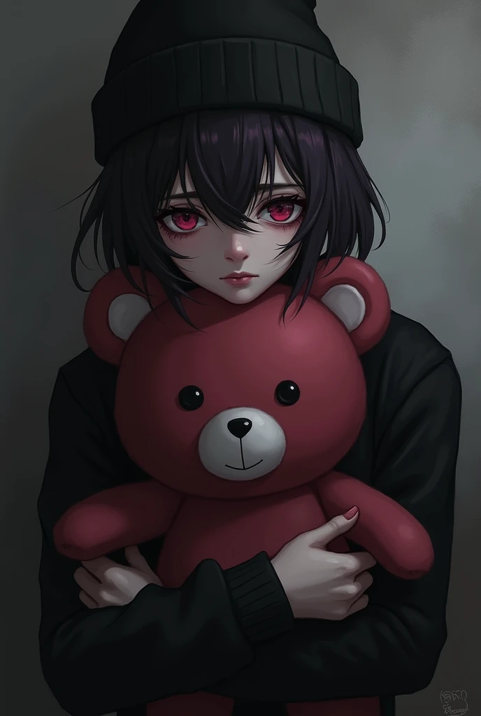 person holding cranberry color bear, feels numb, person hair is short and has tye dye hair, black beanie on head, goth