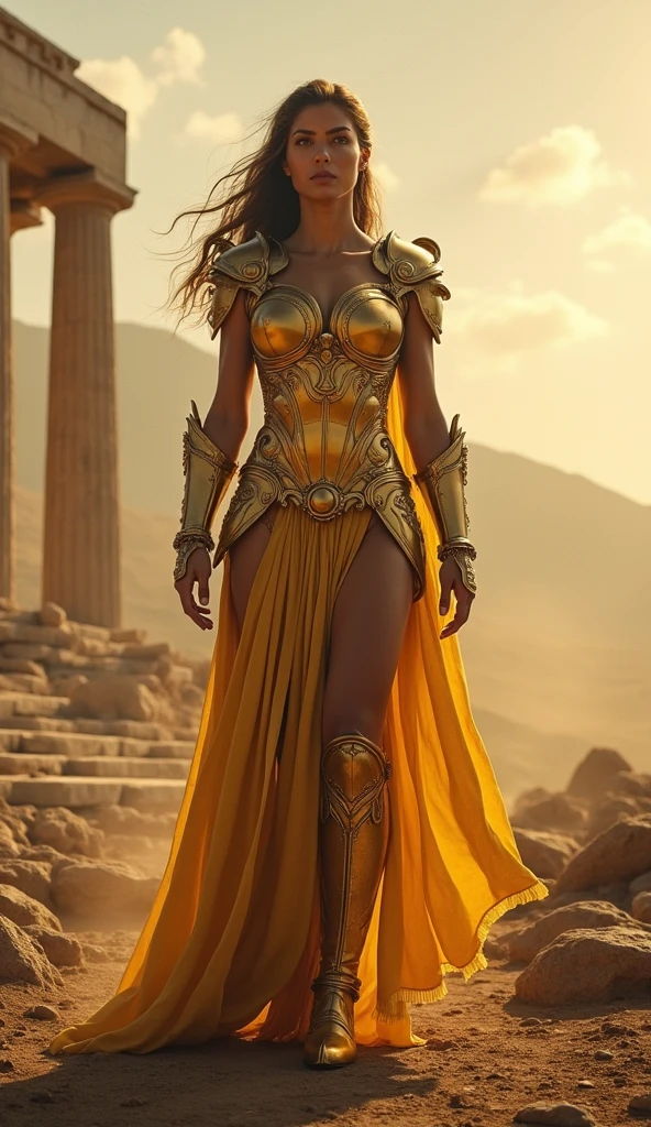 (masterpiece), (Highest quality), Photorealistic, Raw photo, Realistic, Cinematic Light, Goddess in golden armor, stand, Battlefield Background, Perfect body, Greek Temple  