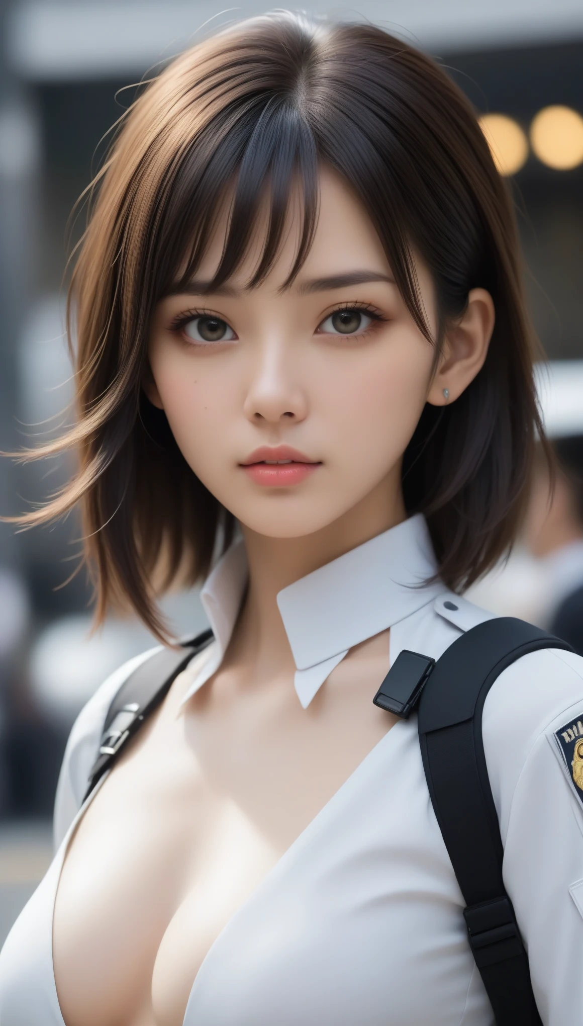 8k, Ultra-high resolution, Highest quality, masterpiece, 三分割法によるphotograph,Surreal, photograph, 1 , (:1.3), cute, cute顔, 細部までBeautiful Eyes, 細かくdetailedに,masterpiece,One Girl:1.2,Japanese women,Policewoman,upper body,glaring,Black short hair,High ponytail,ID photo,(Police officer of the future:1.3),cyber punk,Future City,white collar,((Fusion of humans and androids))(Beautiful attention to detail),Subtle details, detailedな顔,anger,Attractive eyes,(ポートレートphotograph:1.4),(Photorealistic images:1.4),Fantasy art,(Beautiful Face:1.4),美しくAttractive eyes、Beautiful Eyes,Silver residue,(Tight waist:1.4)、(Beautiful with perfect body proportions:1.4),Pink Lips,profile,(((Ideal body type))),A-cup small breasts :2,、Portraiture:2、Perfect Anatomy、鮮明なdetailed、detailed,Fashion magazine cover,Thin lips,完璧でBeautiful Face ,完璧でcute顔, Skin with attention to detail, Perfect limbs、Narrow waist,Surreal,Light and shadow,spotlight