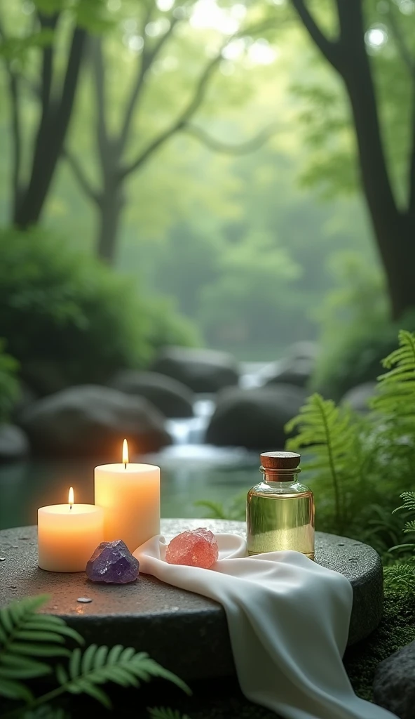 A minimalist Japanese style scene,There is a gurgling stream.Stone platform covered with ferns located deep in the tranquil forest bokeh background、Light two scented candles,Rose、White silk scarf、SPA energy crystals of various colors、Exquisite transparent SPA essential oil in glass bottle,Create a fresh、Bright、Relaxing and comfortable atmosphere,Evoking a sense of tranquility and simplicity。A peaceful aura or meditative state has a warm and pure atmosphere