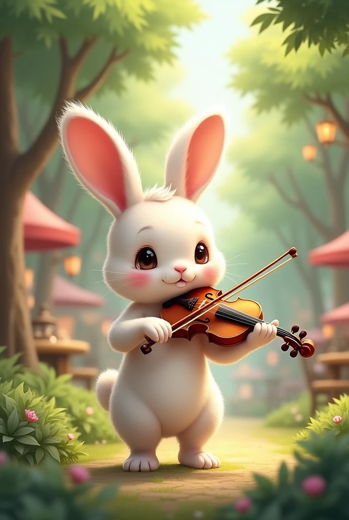 in the forest, Playing the violin, Animal rabbit, Cafe, Street view, ((1 baby rabbit:1.3)), (((There is no one:1.5))), (((People are not drawn:1.5))),Full HD, 詳細なbaby rabbit, ヴァイオリンを弾くbaby rabbitのイラスト, baby rabbit, baby, Volumetric Light, Ultra-realistic, Cute Chibi, Shallow depth of field, Pastel Color Palette, Soft lighting, Highly detailed drawing,バイオリンを弾くbaby rabbit