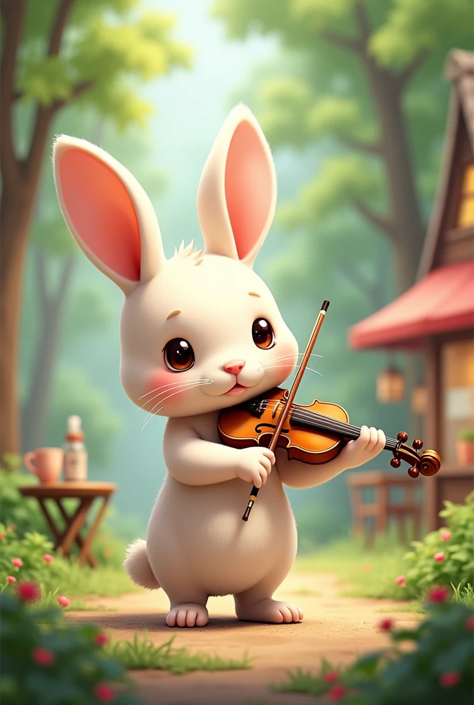 in the forest, Playing the violin, Animal rabbit, Cafe, Street view, ((1 baby rabbit:1.3)), (((There is no one:1.5))), (((People are not drawn:1.5))),Full HD, 詳細なbaby rabbit, ヴァイオリンを弾くbaby rabbitのイラスト, baby rabbit, baby, Volumetric Light, Ultra-realistic, Cute Chibi, Shallow depth of field, Pastel Color Palette, Soft lighting, Highly detailed drawing,バイオリンを弾くbaby rabbit
