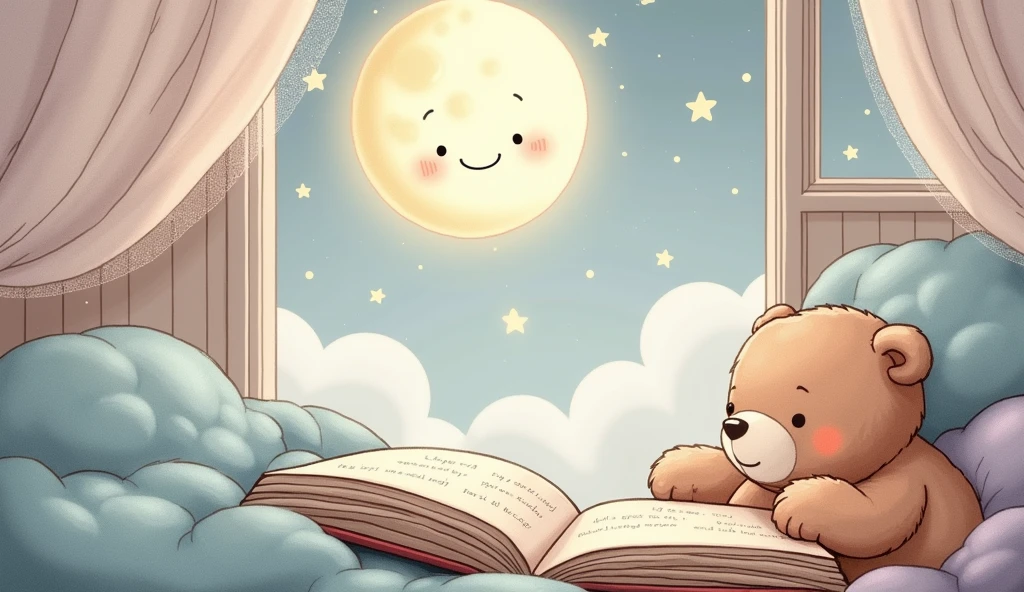 YouTube banner in the style of a children's illustration with the text “Starry Stories”. It shows a teddy bear and a child sitting on a bed reading a book. There is a warm glow coming from the open book. In the background is a soft blue sky with fluffy white clouds and a smiling sleeping moon. The overall design has gentle colors, soft lines and a soulful, soothing atmosphere.