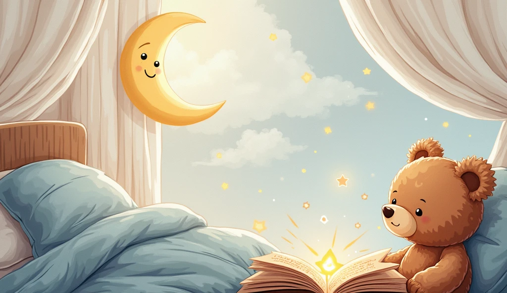YouTube banner in the style of a children's illustration with the text “Starry Stories”. It shows a teddy bear and a child sitting on a bed reading a book. There is a warm glow coming from the open book. In the background is a soft blue sky with fluffy white clouds and a smiling sleeping moon. The overall design has gentle colors, soft lines and a soulful, soothing atmosphere.