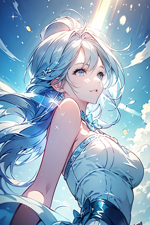 (Masterpiece)(4K)(Pastel blue color theme),One girl, Highest quality, Long Hair, Gray Hair, Large Breasts, happiness/joy, Angel Halo, Sparkle Effect, Background blur, Ultra-detailed, Soft Light, An angelic smile,Cloud-like fluffy background,There is light,An atmosphere of kindness,Beautiful colors