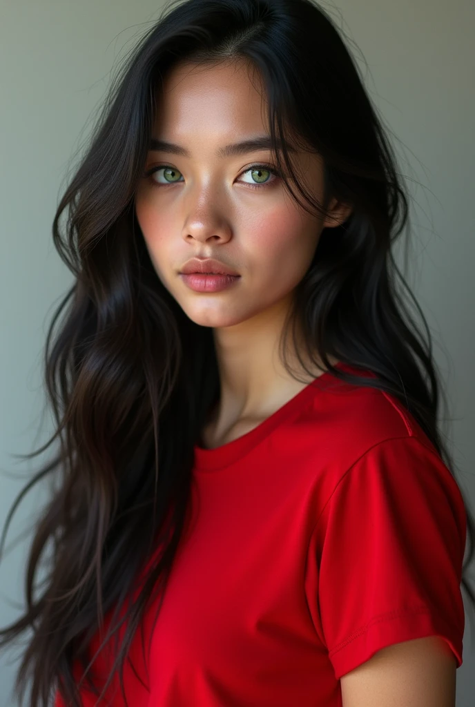 Girl with black hair green eyes with red t-shirt
