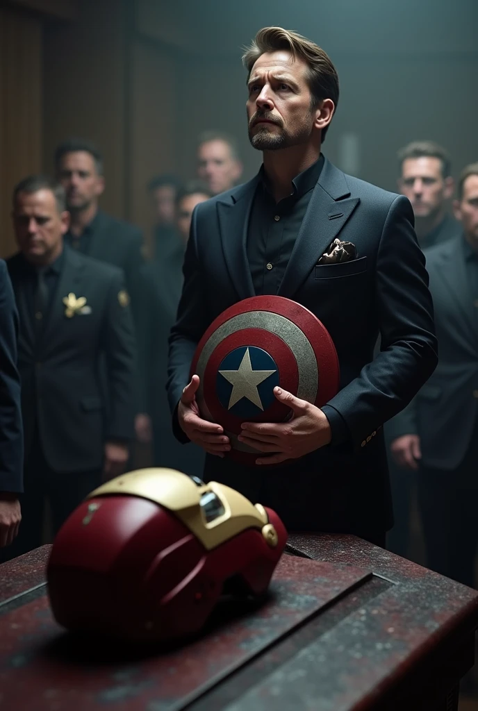 Steve Rogers sad with a funeral suit and his Captain America's shield in the Tony Stark funeral, Iron Man's helmet over a coffin