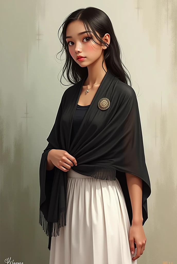 girl, wears filipino clothing, white skirt, BLACK shawl or scarf worn over both the shoulders(not too long) has design, has pin, with black sleeveless top inside, not sexy, filipiñana