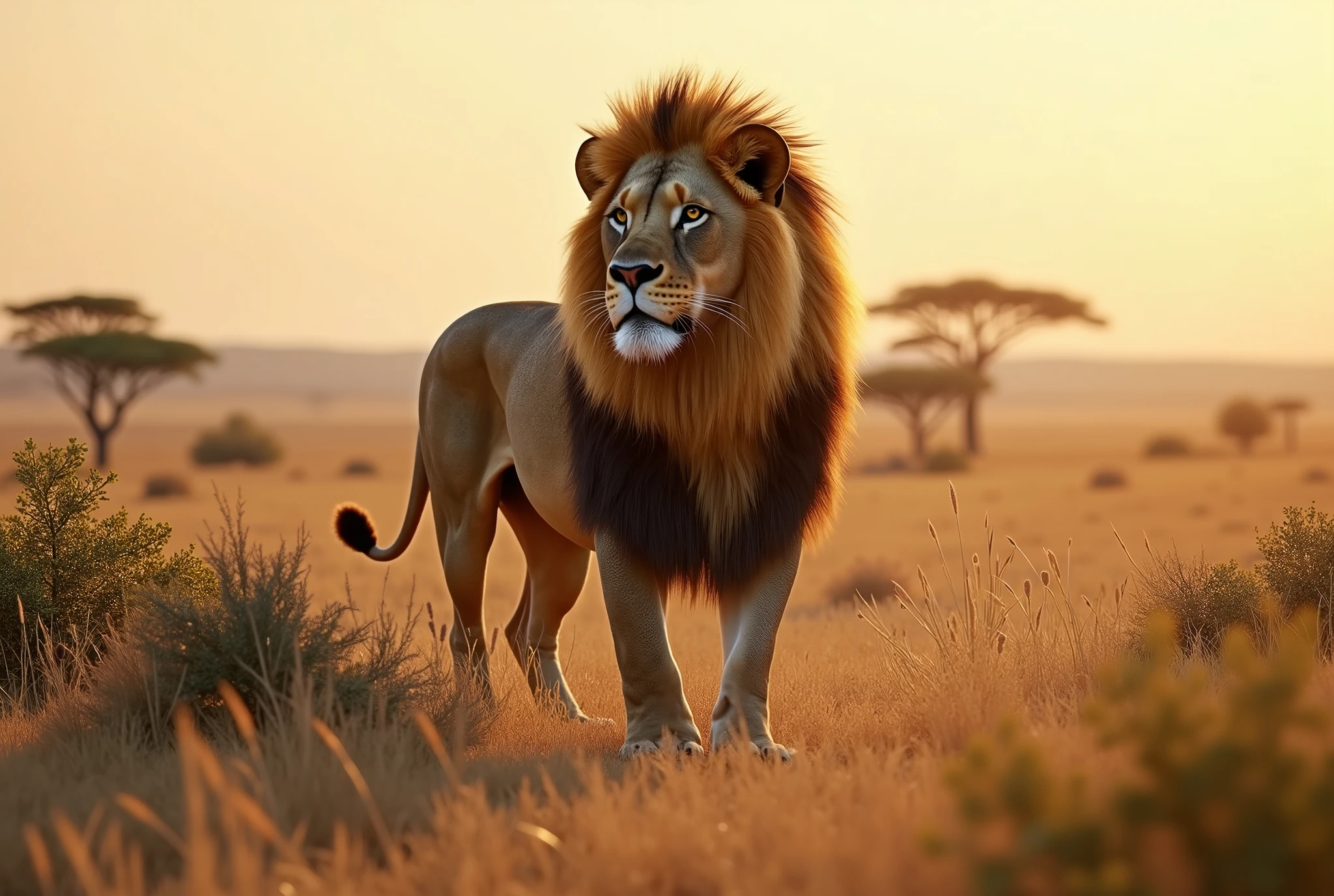 Create a captivating, hyper-realistic, AI-generated artwork of a lion with an enormous mane standing majestically in the middle of the African savanna. The lion should be depicted in a natural and powerful moment, showcasing its impressive mane and regal stance. Capture the detailed texture of the lion's fur and the grandeur of its mane, with its head held high and a confident expression.
The scene should reflect the African landscape, featuring expansive grasslands, scattered bushes, and perhaps a few distant acacia trees. Emphasize the texture of the savanna, including the tall grasses and the warm, earthy tones of the environment. The lighting should be soft and natural, conveying the warmth of the African sun and highlighting the lion’s features and mane.
The style should be hyper-realistic yet artistic, with a focus on the lion's majestic presence and the vastness of its natural habitat. The final artwork should be high-resolution and visually striking, capturing the strength and serenity of the lion in its natural setting.