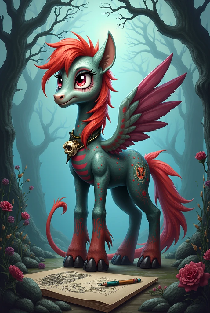 Create a My Little Pony oc [More specifically,a half-draconequus pegasus] who has a special talent for drawing and likes horror things