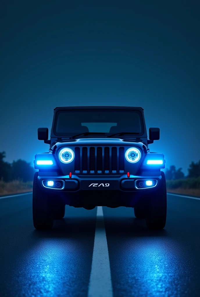 On highway a black thar stand in middle of the road and blinck there headlight of light shiny blue