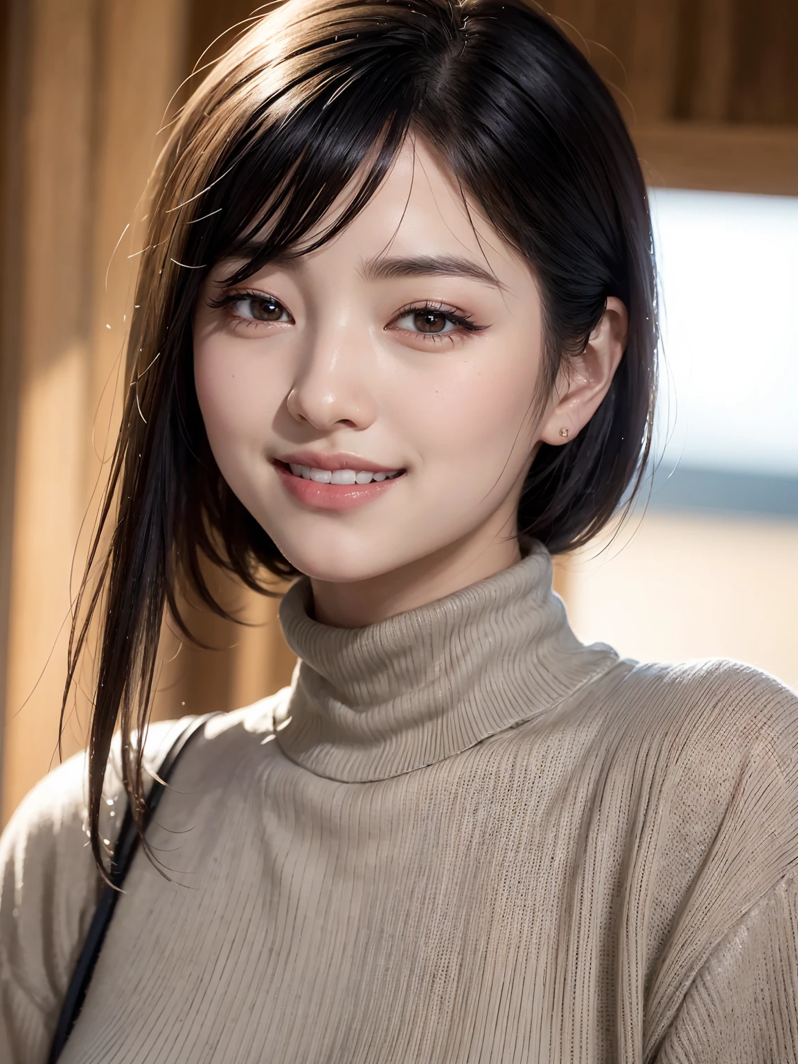 Realistic, masterpiece, Highest quality, Highest Resolution, A portrait of a Japanese woman depicting only the upper body, Happy smile, Slightly to the side, Definitely watching the audience, Beautiful attention to detail, Iris, (Hidden eyelid wrinkles:1.2), Thin eyebrows, Draw eyelashes carefully, Natural Makeup, Mid-length hair, Silver Hair, Detailed face, Thick black turtleneck sweater