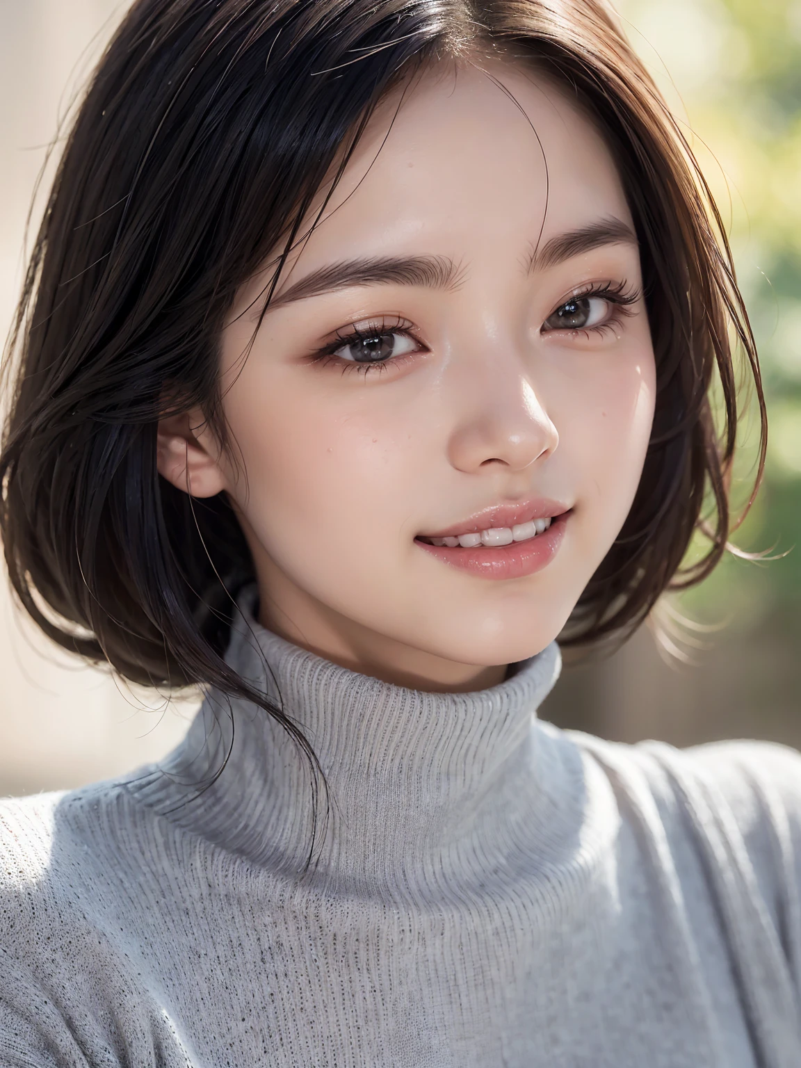 Realistic, masterpiece, Highest quality, Highest Resolution, A portrait of a Japanese woman depicting only the upper body, Happy smile, Slightly to the side, Definitely watching the audience, Beautiful attention to detail, Iris, (Hidden eyelid wrinkles:1.2), Thin eyebrows, Draw eyelashes carefully, Natural Makeup, Mid-length hair, Silver Hair, Detailed face, Thick black turtleneck sweater