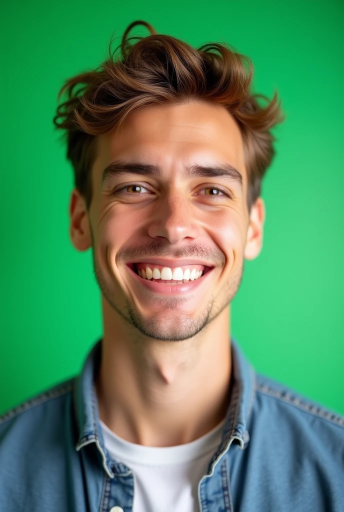 young man with brown hair smiling in front of a green screen
