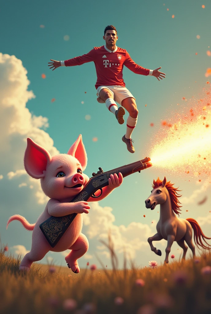 Piglet with shotgun shooting a pony with cristiano beside the heaven