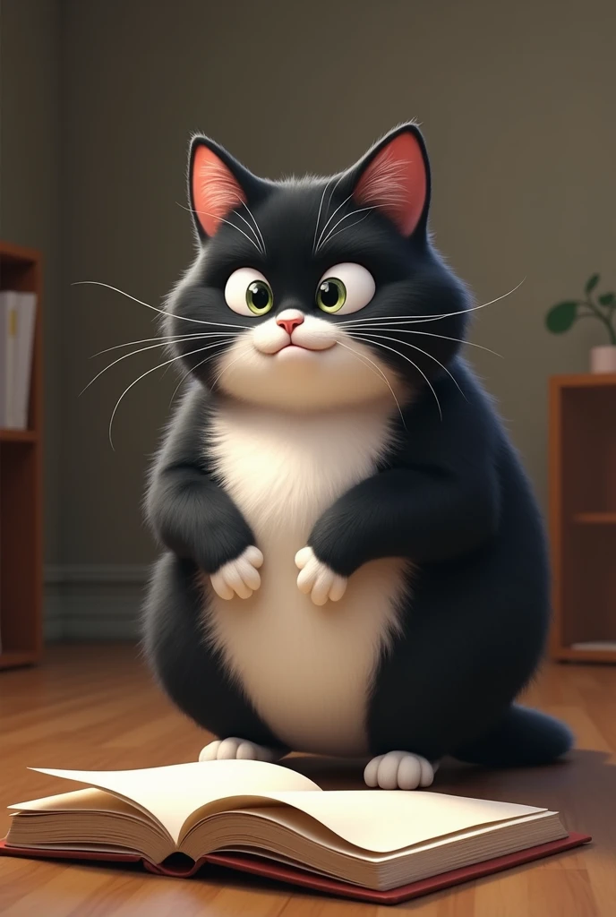 Smart cat with tricky eye, fat body and white and black fur. Stand beside notebook